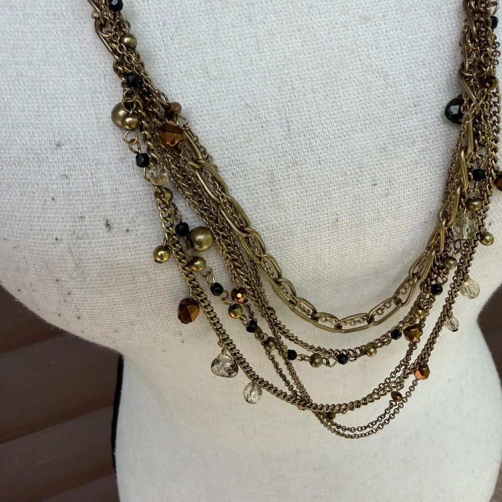 Coldwater Creek Vtg Style Antique Brass Multi Strand Layered Statement Necklace
